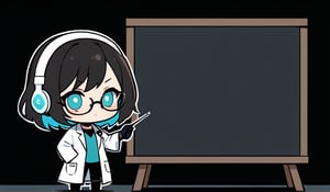 (upper part of the waist,),({{solo}},full body,(simple_background:1.2),black background, looking to the side,cropped legs:1.05),1girl,cute face,
facing the lens,leaning_forward,(lab coat, hacker,doctor, over-rim eyewear, glasses, headset, :1.3),
latex gloves, slender waist
bright pupils,eyeshadow,half-closed eyes,,Cyan eyes,Large area of cyan Pick dyeing,black hair,
((Chibi character:1.2)),
(holding a stickP:1.1),Pointing to a blackboard,Teaching in progress,(blackboard:1.3),