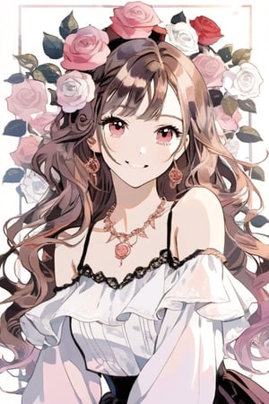 1girl, solo, long hair, looking at viewer, smile, off shoulder long sleeves, pink eyes, brown hair, pink hair, flower, rose gold neclace, infinity neclace, hair flower, white flower, retro artstyle, \(style\)