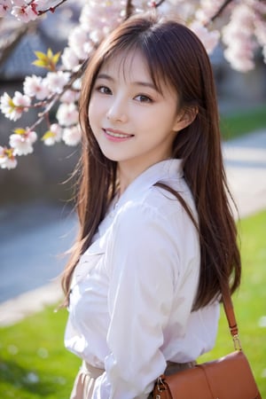 1girl, solo, long hair, looking at viewer, smile, bangs, brown hair, shirt, closed mouth, white shirt, upper body, flower, outdoors, day, bag, blurry, from side, lips, cherry blossoms,korean girl