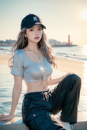French girl,grey blonde hair(very long hair, curly_hair),long ponytail,hiphop dancer,wearing all black clothes (loose fit top and wide cargo pants),sneakers,accessories(necklace,ear_rings)baseball cap, sitting at sea bank,horizon,seaside,vivid sea color,red lighthouse,sunset,Best Quality, 32k, photorealistic, ultra-detailed, finely detailed, high resolution, perfect dynamic composition, beautiful detailed eyes, sharp-focus, cowboy_shot, nsfw,