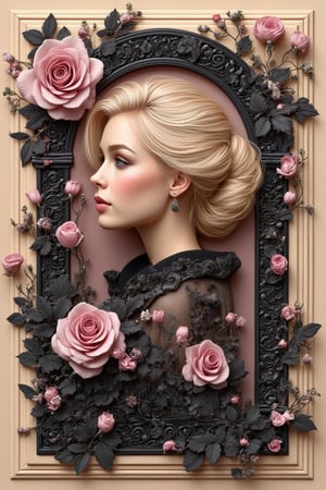  Black and lavender detailed embossed, 3D Arc
Color black, lavender tiny pink rosebuds
baby's breath a beautiful realistic woman
blonde hair with an updo hairstyle in
pastels   . The background should have an
embossed effect to give depth and texture, resembling an ornate wall. Include a beige
border around the image that complements the overall warm color scheme