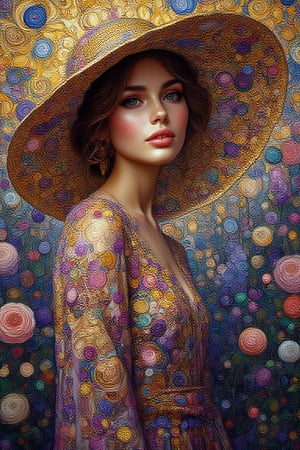 An enchanting portrait of a
stunning woman wearing a sunhat,
inspired by the artistry of Gustav
Klimt. She stands amidst a vibrant,
floral background framed in a mid shot.Her sunhat and
flowing dress are adorned with
Klimt's signature intricate patterns
and purple golden accents. The scene
radiates elegance and timeless
beauty, with the woman's serene
expression and the detailed,
decorative elements creating a
mesmerizing, dreamlike quality.