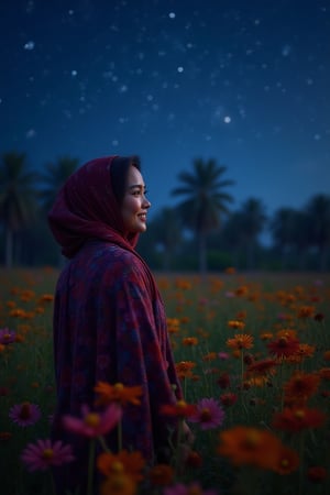 beautiful  stunning malay
woman smiling face standing in a field
full of wildflowers,coconut trees, viewed from behind,
showcasing colorful floral pattern
clothing and a headscarf with shades of
red and purple, under a night sky with sparkling stars,cosmic night sky, conveying a serene ,dreamy, painterly night hour, UHD HDR ,24K, 40s 