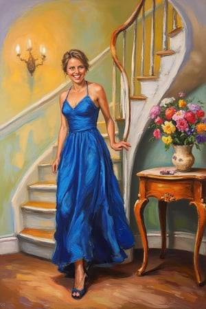 Oil on dried canvas painting, impressionism ,palette knife, bold textured brushstrokes of smiling woman vivid blue sun dress walking down a spiral stairs, spontaneous, candid action,a room 
lighting , warm pastel color wall ,elegant english style decoration, colorful flower arrangements on top of the table next to the stairs, in the style of monet