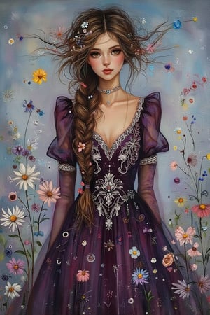 A mesmerizing oil painting on canvas, portrait of a bohemian muse, capturing her essence with effortless grace and elegance. The subject wears a dark purple velvet dress, adorned with intricate
White embroidery, which flows
seamlessly into her tousled curls. Her hair is partly braided and adorned with wildflowers, adding a touch of whimsy and enchantment. Her eyes, soft and
reflective, hold a sense of wisdom and depth, drawing the viewer into the painting. The artist's skilful use of rich hues and fine brushstrokes brings the delicate texture of the fabric and intricate
patterns to life, creating an unforgettable
work of art that transcends time.,Oil In Canvas.Kiko,Whimsical Kiko 