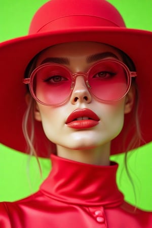 Hyper-realistic close-up portrait of a stylish woman in a futuristic, retro-mod aesthetic. She wears oversized, round, translucent pink sunglasses, glossy lips in soft red, and a chic red oversize hat. The monochromatic color palette is dominated by vibrant shades of  red, from her smooth satin high-neck outfit to the seamless green backdrop. Soft lighting with detailed shadows enhances her flawless skin and facial features, evoking a bold, fashion-forward, futuristic vibe. Retro 60s influences, smooth textures, and a sleek, modern design, ultra-detailed, fashion illustrations, cinematic lighting.,Digital Illustration 