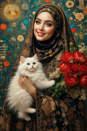 A beautiful stunning princess wearing a stylish hijab, soft makeup, vivid eyes,
blush cheeks. She's wearing a  long modest dress with black and gold accents, shoes, holding fluffy white cat.Smiling with happiness. Add a bouquet of distinctive patterned oversized blooming red roses.
The background should be filled with intricate patterns blue green  and gold leaf accents,
reminiscent of Klimt's inspires artworks with a focus on ornamental details and a
harmonious blend of natural forms. The scene radiates
elegance and timeless beauty, with the woman's serene expression and the detailed, decorative elements creating a
mesmerizing, dreamlike quality