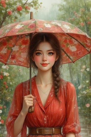 Watercolor ,close up shot ,a stunning young lady ,soft make up, front view, a vintage red blouse,happy moods,holding a colourful umbrella with printed floral patterns,tall green trees with blooming red and white flowers, The surroundings are heavy downpour, hyper- realistic, photographically perfect ,4D realistic,UGD,HDR,24K, 40s hyperrealistic, hyperdetailed, Watercolor Kiko