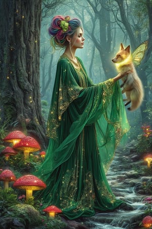 Digital illustration, A young beautiful elf woman with vibrant, multicolored hair styled in double buns stands in a mystical forest. She is wearing a blend of modern and fantasy green long flowy dress a, including a flowing cape adorned with intricate jewelry. She is interacting with a small glowing fox with butterfly wings. The background features glowing red polkadots mushrooms, sparkling emerald streams, and ancient trees with intricate carvings. The color palette is rich and vibrant, with greens, blues, and purples enhancing the magical atmosphere. The woman's expression is one of wonder and curiosity as she gently reaches out to the creature,UHD,Sportkiko,Mina1,Digital Illustration 