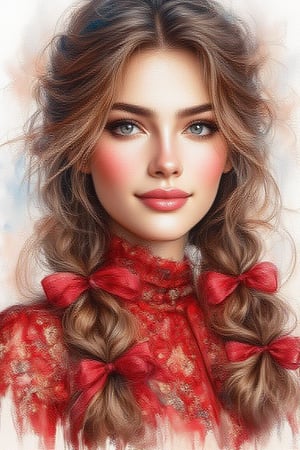 Watercolor
Potrait a pretty lady  white face, ,soft make up,blush cheeks,deep dimple,long braided hair tied with red lace ribbons, wearing red blouse with floral pattern on her left side, neutral sweet smile, using watercolor painterly , splash.bg mottied gradient brown and blue color, uhd,hdr,24K, 40s 