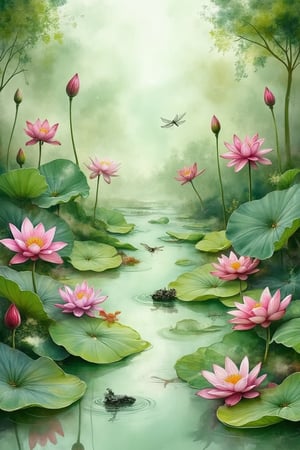 Create an artwork featuring a serene
pond scene with lotus flowers in various
stages of bloom, from buds to full
blossoms. Include large, round lotus
leaves with some partially submerged in
water, creating a sense of depth. The
color palette should be soft and muted,
with gentle shades of green and pink,
evoking a tranquil and misty atmosphere.
Add wildlife such as dragonflies, frogs,
and birds to the scene,Alcohol Ink Kiko