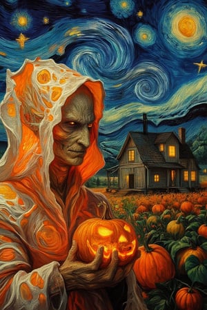 Create a detailed portrait of a humanoid figure with a textured orange peel-like skin,
sharp features, and intense, glowing eyes.The figure is partially cloaked in translucent, white layers resembling the
inner membrane of an orange, with intricate patterns, holding a glowing scary red jack-o-lantern pumpkin. The mood is eerie and otherworldly, with a focus on texture and
realism. bg  A serene rural landscape with a wooden house surrounded by golden pumpkin fields at night. The sky is vibrant with swirling, starry patterns inspired by Van Gogh's style, while the land is depicted in a more impressionistic oil on canvas technique. Add a scarecrow in the field. Deep, bold brushstrokes highlight the texture of the fields, the glowing light from the house windows, and the motion of the stars in the sky.,Oil In Canvas.Kiko,VanGogh Illustration 