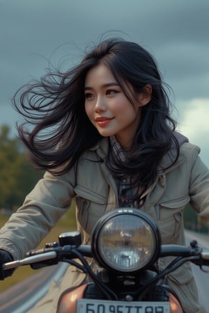 📌  a young girl eurasian girl, long wavy wind-blown black hair,riding a motorcycle on a road. The background is blurred, suggesting motion and speed. The motorcycle’s license plate is visible with the registration number “BET 80”. The rider’s face is extreme funny face, huge lips, googly eyes,caricature extreme face,UHD,HDR,24K
