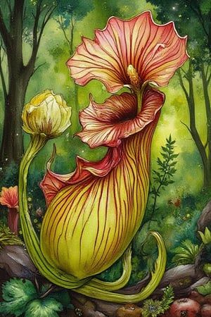 Alcoholic ink of cluster of Carnivorous pitcher plants of the genus Nepenthes with it's elongated and shape curve like a chalice, lime and crimson red in colour, hold bold outlines, green forest background,Alcohol Ink Kiko