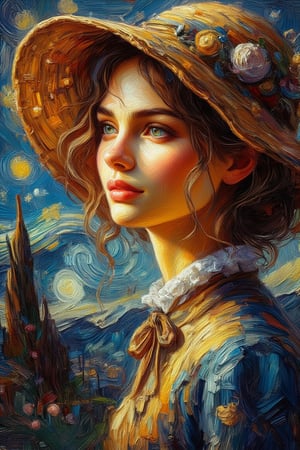 impressionistic oil painting  ,soft textured brushstrokes, knife palette, 
beautiful lady ,wearing a bonnet,
radiant sweet smile ,with bright
colors and fuzzy brush strokes,
beauty lighting, Van Gogh style,VanGogh,Oil Painting Kiko