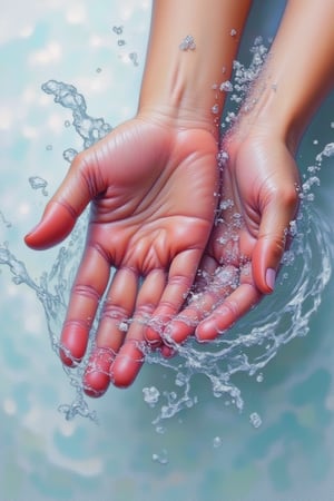 Create an image a charcoral drawing art and full sketch potrait a close-up view of a hand partially submerged in water, with droplets splashing around, capturing the dynamic movement of water. The focus should be on the realistic textures and reflections on the water's surface and the skin, emphasizing contrast and details to give a hyper-realistic appearance. The background should be simple and blurred 