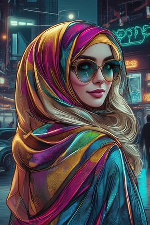 hyper-stylized digital illustration painting
of a young woman wearing modest loose
dress, heels dynamic pose She has long
wavy blond hair, pale skin and soft make
up sweet smile The artwork should
feature a neon infused color palette with
bold gradients of electric blue, cyan, green
purple, and gold. The woman's face should
be semi-realistic with smooth, clean lines,
exaggerated features, and reflective
shades or glasses that catch the
surrounding colors Use bright, contrasting
highlights to emphasize her expression,
blending pop art and vaporwave
aesthetes The headscarf should Now
with dynamic, sweeping shapes, and the
background should remain minimal,
keeping the focus on the subject's
glowing vibrant presence The style
should evoke a mix of digital airbrush and
vector art, with a sleek and polished finish,Digital Illustration,NeonColor,PopArtKiko