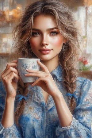 Watercolor
Potrait a pretty lady  white face, ,soft make up,blush cheeks,deep dimple,long braided hair tied with blue lace ribbons, wearing blue blouse with floral pattern on her left side, neutral sweet smile, holding a cup of coffee,bg a well decorated cafe ,using watercolor painterly , splash,uhd,hdr,24K, 40s,Oil Painting Kiko,Kikotaekwando,WatercolorWash 