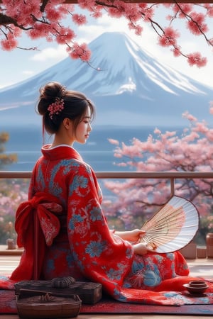 Beautiful Japanese young woman,
hairbun,wearing traditional red and blue floral kimono  sitting on a tatami mat.She is holding a handmade fan, with a tea set on a table  beside her ,looking back over her shoulder.in the bg ,there is a scenic vipe of mount fuji with cheery blossoms in the foreground .UHD HDR ,24K, 40s 