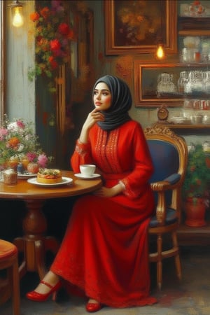 a beautiful hijabist woman, vivid brown eyes, light make up,in light modest long loose red dress and shoes, sitting at a well decorated cafe ,holding a cup of coffee,sandwiches on the table. Aesthetic, painterly style, modern ink, dynamic angle, intricate details, bokeh, UHD, colorful. HDR,24K, 40s 