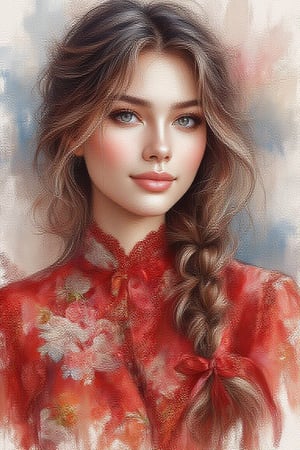 Watercolor
Potrait a pretty lady  white face, ,soft make up,blush cheeks,deep dimple,long braided hair tied with red lace ribbons, wearing red blouse with floral pattern on her left side, neutral sweet smile, using watercolor painterly , splash.bg mottied gradient brown and blue color, uhd,hdr,24K, 40s,Oil Painting Kiko,Kikotaekwando,WatercolorWash 