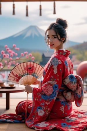 Beautiful Japanese young woman,
hairbun,wearing traditional red and blue floral kimono  sitting on a tatami mat.She is holding a handmade fan, with a tea set on a table  beside her ,looking  at the camera .in the bg ,there is a scenic vipe of mount fuji with cheery blossoms in the foreground .UHD HDR ,24K, 40s 