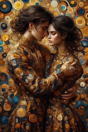 Create a digital artwork in the style of Gustav Klimt. The image should feature intricate patterns and rich, golden hues, depicting a tender embrace between two figures. One figure has long, flowing dark hair while the other has curly hair. They are adorned in elaborately patterned garments with swirling motifs and golden accents, reminiscent of Klimt's use of gold leaf and ornamental designs. The background is filled with abstract, circular patterns and warm colors, enhancing the intimate and decorative nature of the piece. The composition should exude warmth, affection, and artistic elegance uhd,Gustav,Oil Painting Kiko