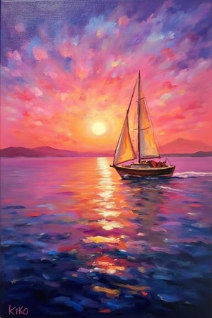 Create an impressionist, oil painting on canvas of a sailboat gliding on a calm sea during a vibrant sunset. The sun casts a golden reflection on the water while the sky is painted in hues of purple, pink, and orange.
The painting should capture the serene atmosphere and dynamic colors characteristic of the Impressionist style,Oil In Canvas.Kiko