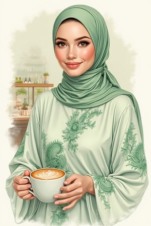 digital illustration painting on wet canvas of beautiful white moeslima woman,soft makeup,wearing soft green color hijab and light green blouse with green paisley print,holding a cup of lattee.bg well decorated cafe ,soft realism,soft painterly,modern soft pastel colors,bold stroke lines,white background,negative space,inspired by Alena Tkach