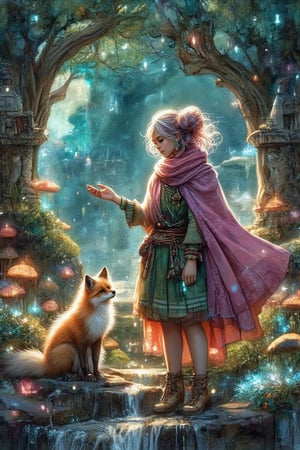 Oil painting illustration, A young woman with vibrant, multicolored hair
styled in double buns stands in a mystical
forest. She is wearing a blend of modern and
fantasy attire, including a flowing cape and
intricate jewelry. She is interacting with a
small, glowing creature that resembles a fox
with butterfly wings. The background features
glowing mushrooms, sparkling streams, and
ancient trees with intricate carvings. The color
palette is rich and vibrant, with greens, blues,
and purples enhancing the magical
atmosphere. The woman's expression is one
of wonder and curiosity as she gently reaches
out to the creature,Sportkiko,Mina1,Watercolor Kiko 