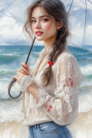 Watercolor
Potrait a pretty lady  white face, ,soft make up,blush cheeks,deep dimple,long braided hair tied with red lace ribbons, wearing white blouse with floral pattern on her left side, jeans,sneakers,neutral sweet smile, holding an umbrella ,using watercolor painterly , splash.bg ocean with waves and blue sky ,uhd,hdr,24K, 40s,Oil Painting Kiko,Kikotaekwando,WatercolorWash 