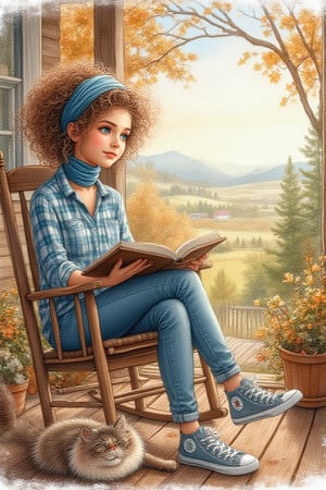 watercolor painting,UHD, HDR, 24K, 40s, Whimsical cute young lady hair wispy curly and boho head scarf, blue eyes, wearing a light blue flannel shirt,
jeans and tennis shoes, sitting with feet up on a wooden rocker on her porch, opened book in her hands, gazing dreamily out of
her garden, her fluffy cat lying on the floorbelow, wearing a matching blue colar,
outside is a beautiful landscape, Warm fall atmosphere BG.,Watercolor Kiko 