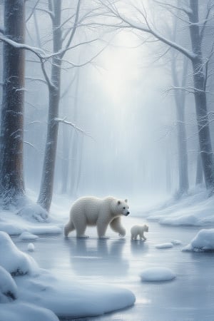 Oil illustration painting, A cute, 3D animation style Of a white snow bear walking near a snow covered river with Its two white cubs standing in front of Tress covered in white winter snow in a misty white atmospheric  background.  dreamy, romantic, painterly, UHD,HDR, 24K, 40s in the style  of,Oil Painting Kiko,Sportkiko