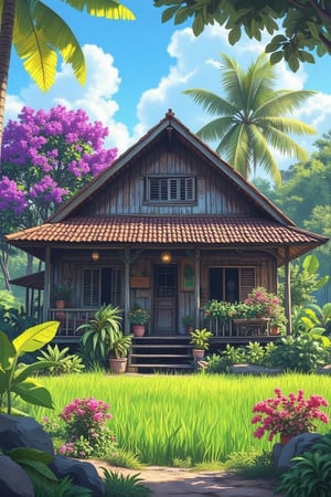 digital scenery, Old malay wooden house  nestled in the centre of a vast paddy field, mangoes tree,coconut trees  at the backyard.Studio Ghibli style,The front yard full of various flowers in a pot prettily arrange .A large  purple bougainvilleas trees  grow outside the wooden fence,blue sky with fluffy clouds,StudioGhibli.Kiko,Digital Scenery