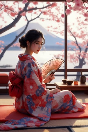 Beautiful Japanese young woman,
hairbun,wearing traditional red and blue floral kimono  sitting on a tatami mat.She is holding a handmade fan, with a tea set on a table  beside her ,looking back over her shoulder.in the bg ,there is a scenic vipe of mount fuji with cheery blossoms in the foreground .UHD HDR ,24K, 40s 