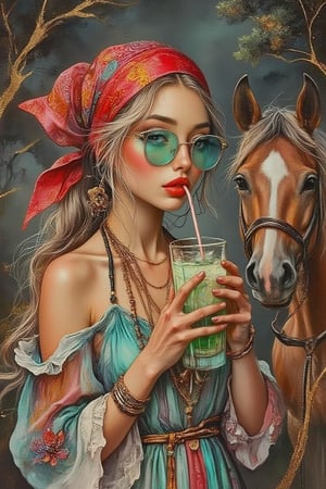 Hyper-realistic, oil ink painting of
a fashionable young woman with
round teal sunglasses, sipping a
bright green drink through a
straw. She has bold red lips, blue
eyes, and pale skin. Her hair is
tied in a large, colorful red
bandana with intricate patterns, wearing a boho style dress, standing and  holding the rein to her stallion . surrealism bg
with diffuse dark with black trees, oil painting, alcohol ink, golden lines,Hyperrealism &Surrealism,Alcohol Ink Kiko,Oil In Canvas.Kiko