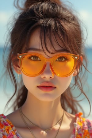 A close-up shot of a woman with a  bright expression, blending Akira and Hirō styles. She wears orange coloured clear glasses, with detailed facial features and sharp lines defining her face,soft make up,wears modest casual,.Natural lighting .She is holding a colourful tube at a seashore with beautiful ocean landscapes. 
