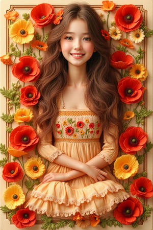 Create an image of a beautiful 3D young lady ,long wavy hair ,vivid eyes, sweet smiles,sitting with their knees drawn up, surrounded by a variety of embossed vibrant flowers such as poppies and daisies in
rich reds, oranges, and yellows. The lady is
wearing a detailed embroidered top with floral
patterns and flowy layered skirt. The background should have an
embossed effect to give depth and texture,
resembling an ornate wall. Include a beige
border around the image that complements
the overall warm color scheme.,Embossed 