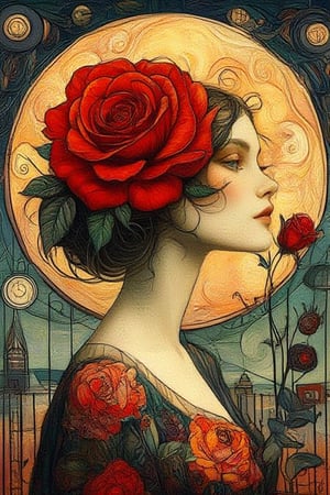 whimsical , folk art ,illustration painting of beautiful lady's head is replaced by a large,
vibrant red rose, which stands out
prominently against a glowing full
moon in the background in the
style of Julia pott Quentin Black Kandinsky, minimalistic,Whimsical Kiko,Art Deco & Secession,Whimsical Kiko 