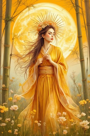 Digital illustration painting, a young beautiful Japanese lady , long flowing hair and vibrant soft yellow kimono , pale face,soft make up ,looking down with eyes closed,standing
in front of a large, luminous full golden moon.
The background should be adorned with
blooming flowers and bamboo trees,She should be wearing an ornate headdress, giving
the impression of a mythical or celestial being ,UHD,HDR,24K, 40s,Digital Illustration,Kikotaekwando,FineArt 