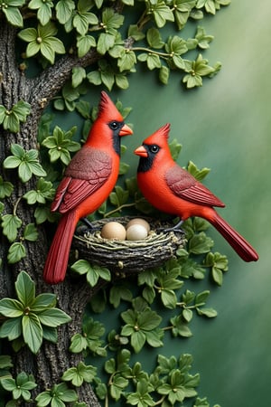 Embossed 3D on ceramic porcelain, a pair of cardinal birds perched on a tree branch with its nest nestled among the green leaves, intricate details.bg green forest should have an
embossed effect to give depth and texture,
resembling an ornate wall complements
the overall warm color scheme.

