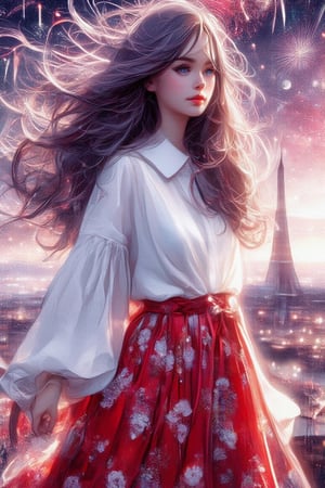 digital illustration painting,zenithal painting,gouache,realism,oil
painting,modern japanese illustration,adorable 3D young anime girl,long wavy dark purple hair,blue eyes,side view  ,Ann ditmann+loish,minimalist,wears
white blouse with long wind-blown red flowy skirt with tiny white daisies patten on the edge,windy,romantic
vibes,inspired by Archie's illustration
painting style,expression
shot,candid,
niji,contra,bright moon light,night,starry night,cosmic sky
with fireworks ,enhancing the magical ambiance of celebration, UHD HDR,24K
40s,Digital Illustration,Mina1,Sportkiko