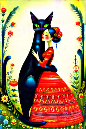 folk art,epic fantasy,whimsical picture of a skinny beautiful woman being hugged by a giant elongated black cat. sweet and loving human and animal picturesque, masterpiece,Folk Art .Koko,EpicFantasy