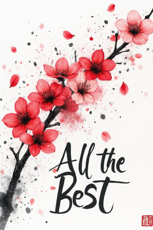 sumi-e style on wet white canvas,delicate flower red sakura flowers,its petals gently falling ,ink splatters creative process .Add curvasive text " ALL THE BEST" to the image. background solid black negative space