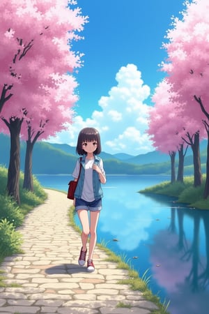 A young anime girl  wearing casual outfit walking on a meandering cobblestone path,near a lake side,pink blossoms trees,blue sky with fluffy cloud