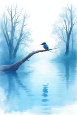 Watercolor style on wet canvas  wet on wet painting. A painting
of a blue lake. In the middle is a kingfisher
perched on an extended tree branch in the
foreground. Reflections and shading
White background   UHD
HDR,24K,WatercolorWash 