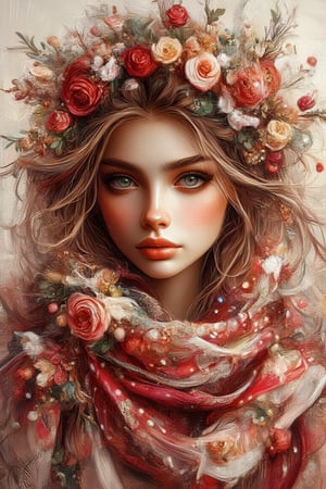 Create an image featuring a young beautiful girl, pale skin,vivid eyes  with a whimsical polka dot red scarf wrapped around her neck adorned with a vibrant collection of
flowers in shades of cream, peach, and bold
red. The scarf should have a flowing quality,
giving the impression of gentle movement.
The background should be neutral to allow the
intricate designs and colors of the scarf and
flowers to stand out. Add detailed texture to
the hair strands peeking out from under the
scarf, showcasing various tones from light to
dark for depth,Oil Painting Kiko,Digital Illustration,Kikotaekwando