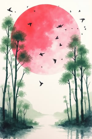 landscape painting of pink Sunset and
birds,green bamboo tree in the style of sumi-e painting, 
traditional Japanese art ,artistic style black ink on white background wet
watercolor art,ink splashes