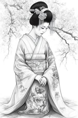 Hand drawn sketch,4D, beautiful Japanese
geisha ,modest traditional  japanese
kimono, sakura tree, still look stunning in
black and white,SKETCH.KIKO