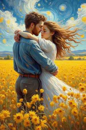 beautiful first love, beautiful girl
hugged,in the arms of a man ,yellowish pampas field,
impressionism van gogh,
brushstrokes, canvas, oil painting in the style VanGogh, high quality, 
perfect masterpiece  uhd,Kikotaekwando